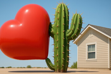A large green cactus fused with an oversized red heart on one side. Behind it, a beige suburban house - Generative AI