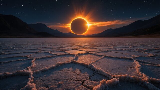 Solar Eclipse Over Cracked Salt Flats at Dusk