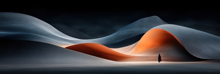 Solitary figure in surreal, flowing landscape with orange dune