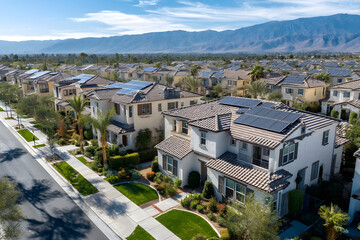 Fototapeta premium Aerial neighborhood view in Henderson, Nevada with solar panels on most rooftops.