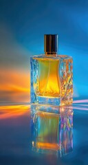 A square glass perfume bottle with a gold cap, filled with amber liquid, sits on a reflective surface, backlit by a vibrant sunset-like gradient.  Its reflection is distorted and colorful