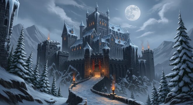 A majestic medieval castle covered in snow and ice, set against a dramatic winter mountain landscape under a full moon, creating a mysterious and enchanting atmosphere