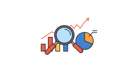 Magnifying Glass Over Bar Chart and Pie Chart with Upward Trend Arrow and Data Analysis Concept