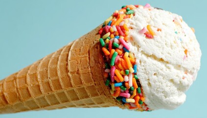 Close-up of a waffle cone filled with vanilla ice cream topped with colorful sprinkles