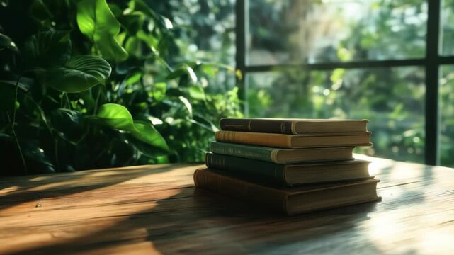 Morning Light Illuminating Stack of Books on Wooden Table with Greenery Backround by a window