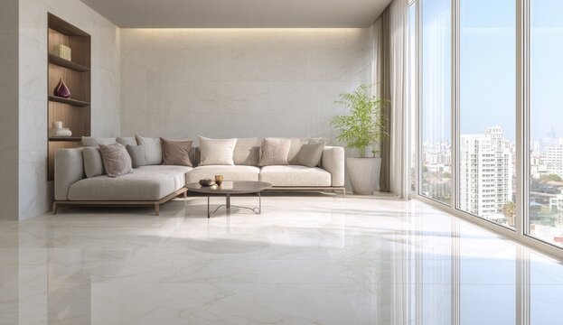 Modern living room with L-shaped sofa, large windows offering city view, minimalist decor, and polished floor - Powered by Adobe
