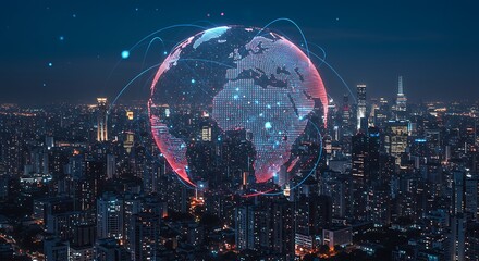 Global data network visualization over modern city skyline at night, representing future technology, smart cities, and worldwide digital communication.