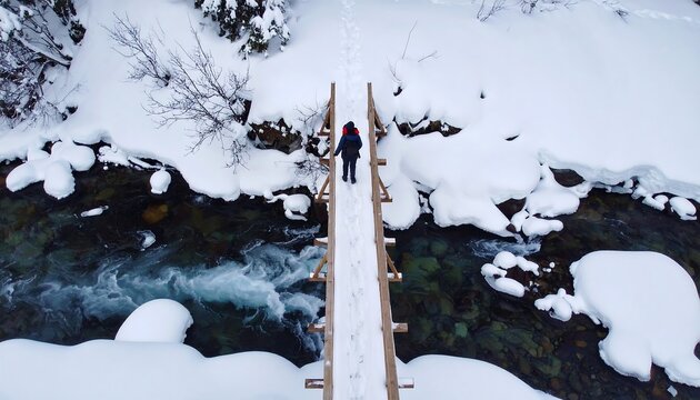 Aerial view of a solo traveler crossing a rustic wooden footbridge over a clear river in a stunning, snow-covered winter forest