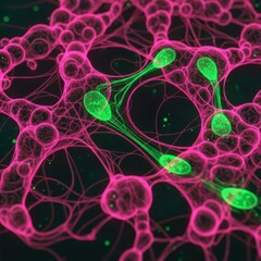 Abstract visualization of a neural network with glowing green synapses connecting pink neuron cells, representing biological communication and scientific research