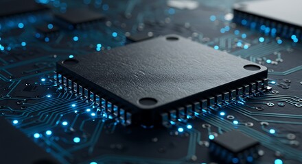 Futuristic central processing unit on a circuit board with glowing blue digital connections, representing data, AI, and modern technology.