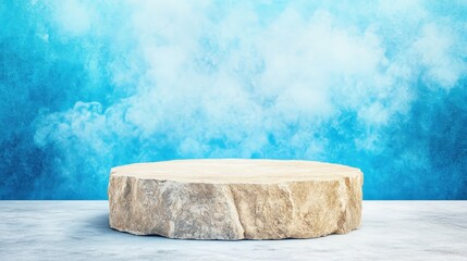 Stone podium platform with abstract blue background. Pedestal slab stage in empty display. Minimalist object scene, modern composition, template for product presentation.