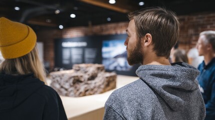 Obraz premium People viewing a geological exhibit with rock formations and informational displays