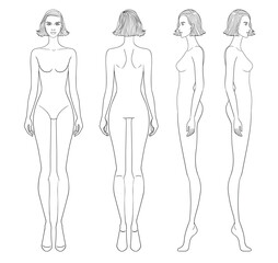 Fashion outline sketch croquis figurines front side back view with short hair woman in vector.