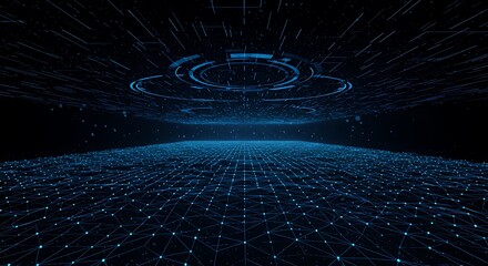 Abstract digital network landscape showing a glowing cloud computing symbol for big data, connectivity, and futuristic technology.