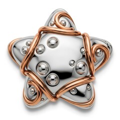Shiny silver starshaped charm with rose gold wire swirls and bubble details, isolated on white background
