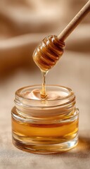 Honey dripping from a wooden dipper into a jar of light beige cream, sitting on a tan fabric background