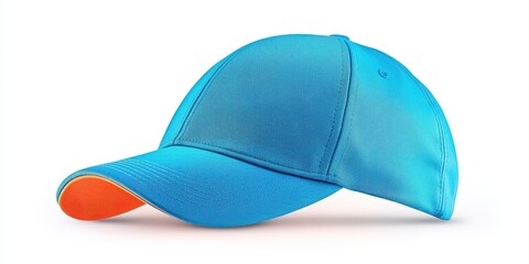 Blue cap fashion sporty modern trendy headwear on white background. Apparel accessory, stylish blue hat with curved visor. Contemporary cap design, casual fashion, vibrant textile style.