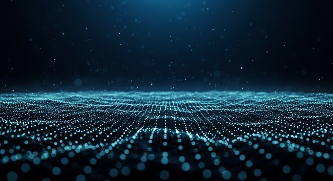 Abstract digital landscape background with glowing particles in the form of a grid, suitable for technological concepts.