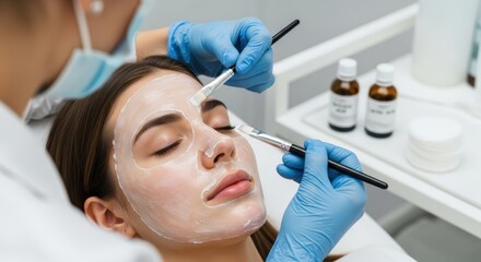 Fototapeta premium Woman Receiving Facial Treatment with Mask Application by Cosmetologist