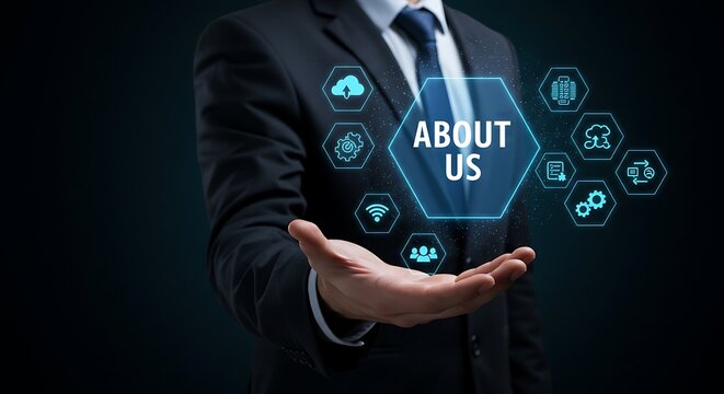 Businessman in a suit holding a futuristic holographic interface with an 'About Us' section for corporate information presentation.