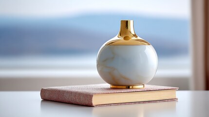 Elegant white and gold vase with marble pattern rests on a closed book