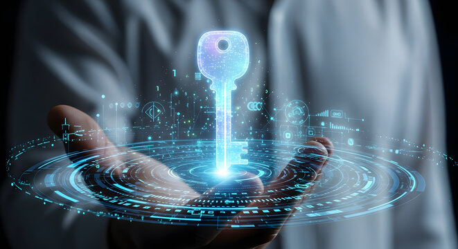Futuristic holographic key appears above open hand surrounded by glowing digital data streams representing innovation and access