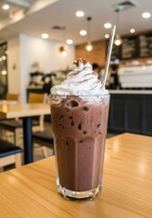 Iced chocolate and whipped cream in a minimalist cafe