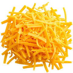 Grated Cheddar Cheese Isolated On White Background: A close-up view showcases a pile of freshly grated cheddar cheese.