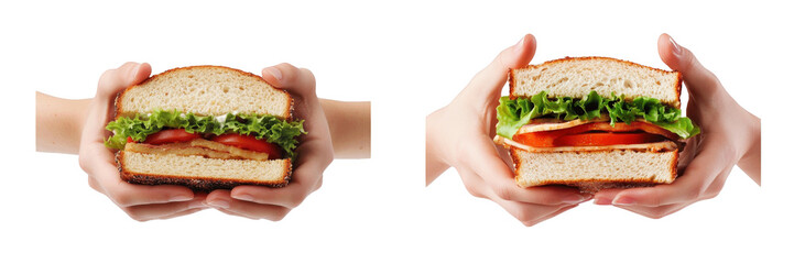 Hands holding sandwiches isolated on transparent background