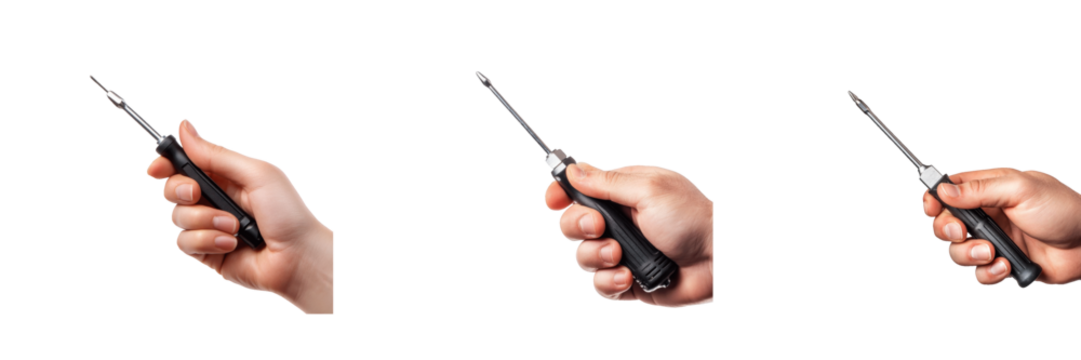 Hands holding black handle screwdrivers isolated on transparent background - Powered by Adobe