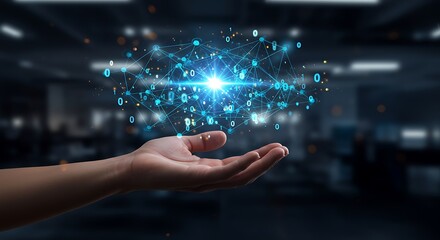 Global Network Connections Hand Presenting Digital Data and Futuristic Technology with Binary Code Streams