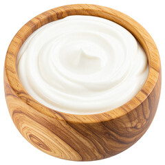 Creamy Delight Isolated On White Background: A close-up shot of thick, fresh yogurt, swirled gently in a beautiful wooden bowl, offering a visual treat for the senses.