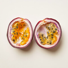 Two halves of a ripe passion fruit showing vibrant yellow pulp and black seeds