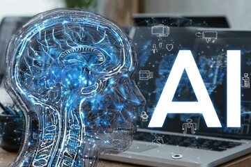 AI concept image, showing a 3D model of a human head overlaid with digital network lines,  and the word "AI" displayed prominently over laptop screens