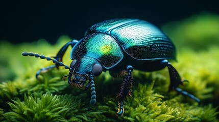 Fototapeta premium Close-up of a vibrant emerald beetle on moss