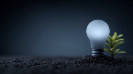 A glowing lightbulb emerges from dark soil next to a young plant sprout