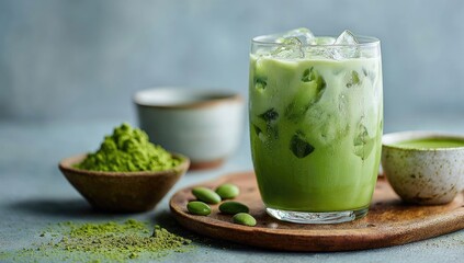 Iced matcha latte in a glass with ice, surrounded by matcha powder, edamame, and small bowls on a wooden tray against a muted blue background