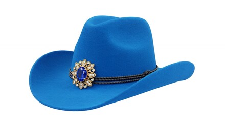 Bright blue cowboy hat with brooch