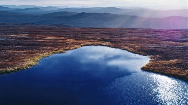 A tranquil lake reflects clouds amidst vast rolling hills and barren autumnal moorland