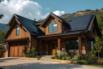 Naklejka premium Rustic wooden mountain house with solar panels in Aspen Colorado.