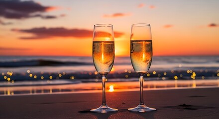 Two glasses of champagne clinking together at sunset on the beach, a symbol of celebration and romance.