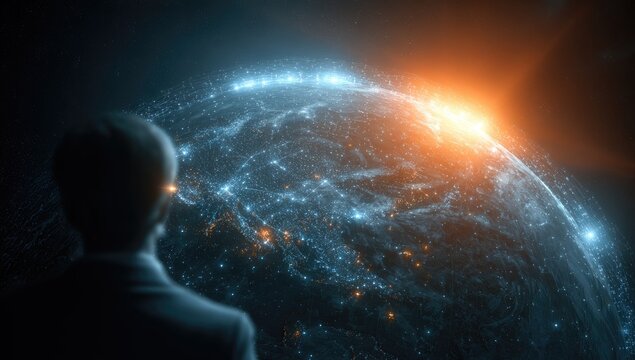 A silhouetted figure gazes at a glowing, detailed Earth with a sunrise, showcasing global connectivity and technological advancement