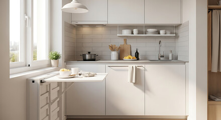 Small modern kitchen with white cabinets and a spacesaving foldout table.