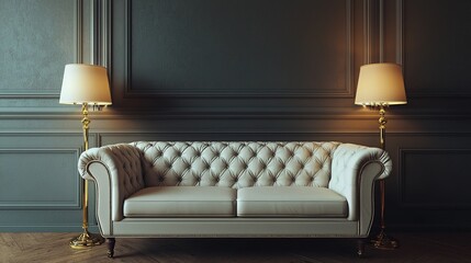 Elegant living room scene featuring a chic tufted couch and stylish lamps against a dark wall, exuding sophistication and comfort.
