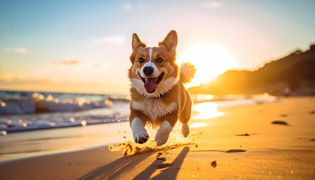 Happy corgi dog running on beach sunset - Powered by Adobe