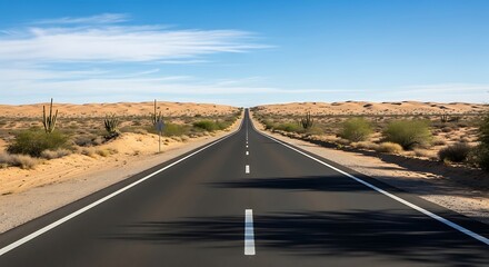 Fototapeta premium Driving Through the Desert: A Long Asphalt Road Stretching to the Horizon on a Sunny Day, Endless Road and Desert Landscape: A Journey into the Vast Open Spaces