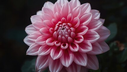 Fototapeta premium Close-up of a delicate pink and white dahlia flower with intricate petals on a dark background showcasing its beautiful symmetry and soft texture