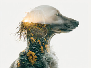 Dog Sunflower Double Exposure Nature Portrait Artistic Silhouette Canine Wildlife Photography Peaceful Soft Light Unique Vibrant Visuals Sunset