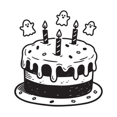A charming hand drawn doodle line art sticker showcasing a whimsical Halloween cake. 