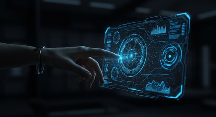 Hand interacting with futuristic digital interface display
